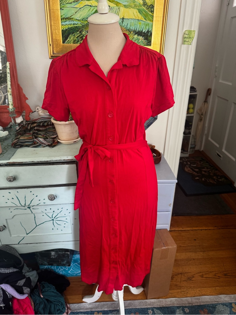 Hanna Andersson Classic Red Button-Front Shirt Dress M Stretch Rayon VGUC